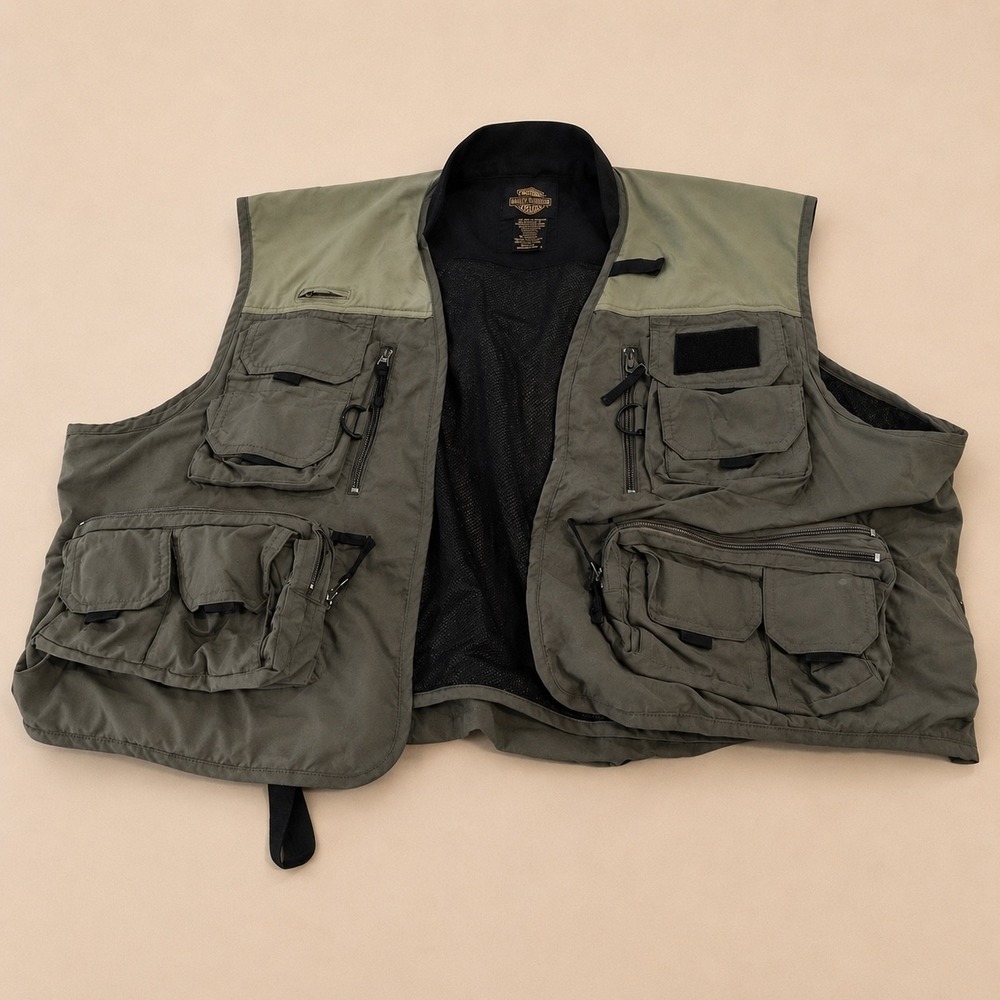VTG White River Fly Shop Mens Fishing Vest Olive Green Multi Pocket Mesh Lining